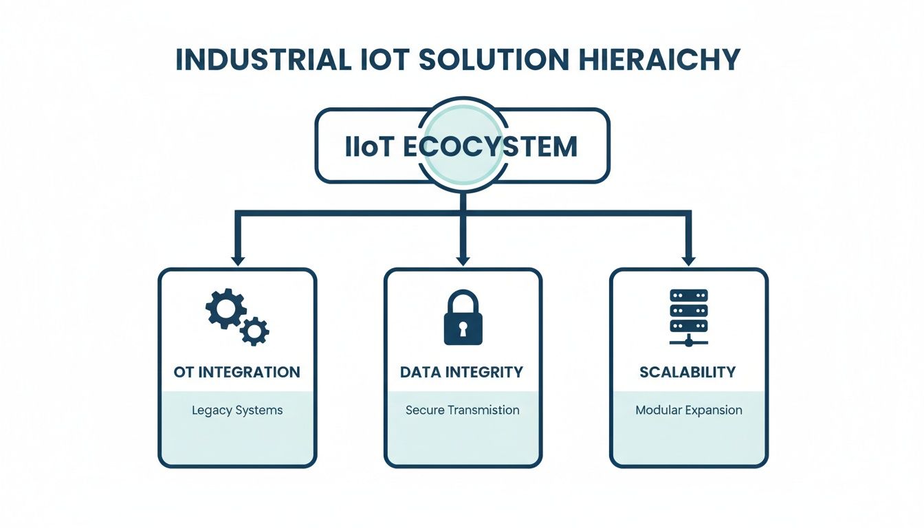 A diagram illustrating the Industrial IoT Solution Hierarchy, showing IIoT Ecosystem, OT integration, data integrity, and scalability.