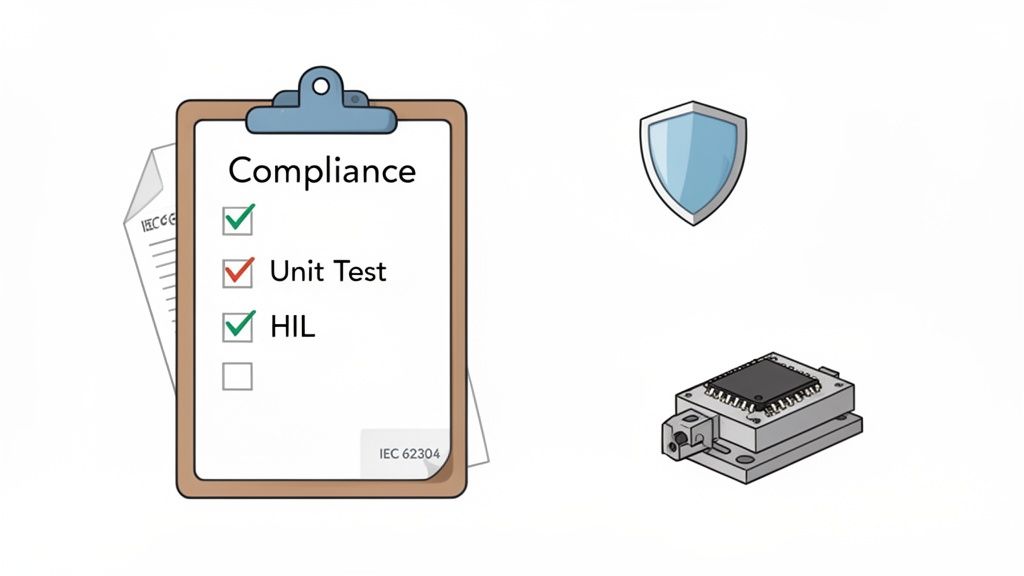 A clipboard showing a compliance checklist with unit test, HIL, a shield, and an embedded device.