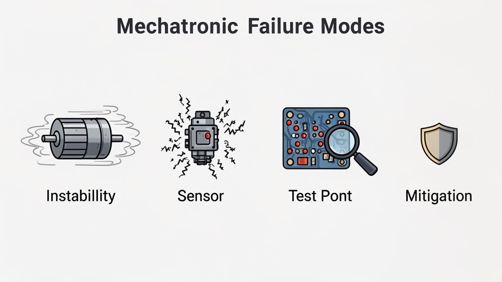 An illustration showing four mechatronic failure modes: instability, sensor issues, test points, and mitigation.