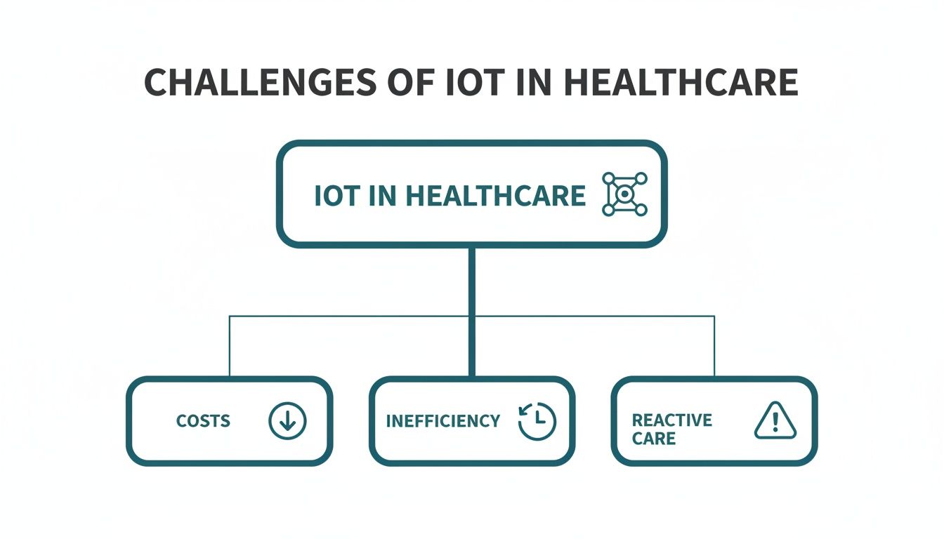 Flowchart illustrating the challenges of IoT in healthcare: costs, inefficiency, and reactive care.
