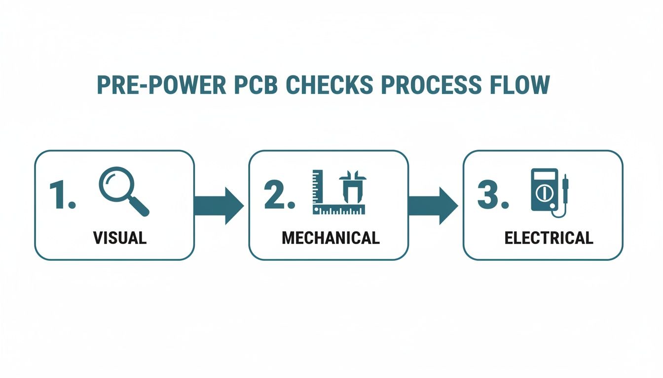 Diagram illustrating the pre-power PCB checks process flow with visual, mechanical, and electrical steps.