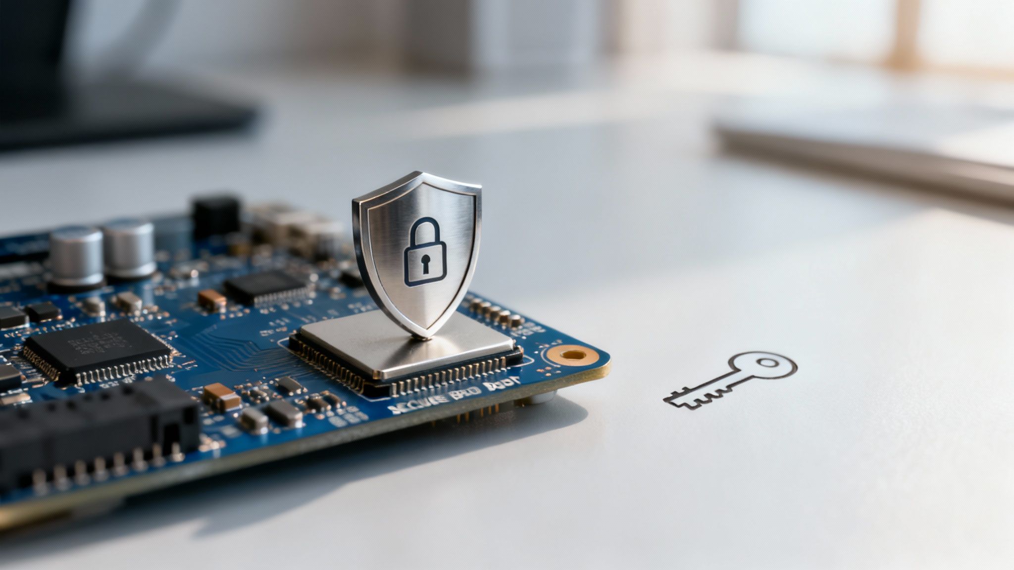 A silver shield with a padlock icon on a circuit board, symbolizing hardware security, with a key drawn nearby.