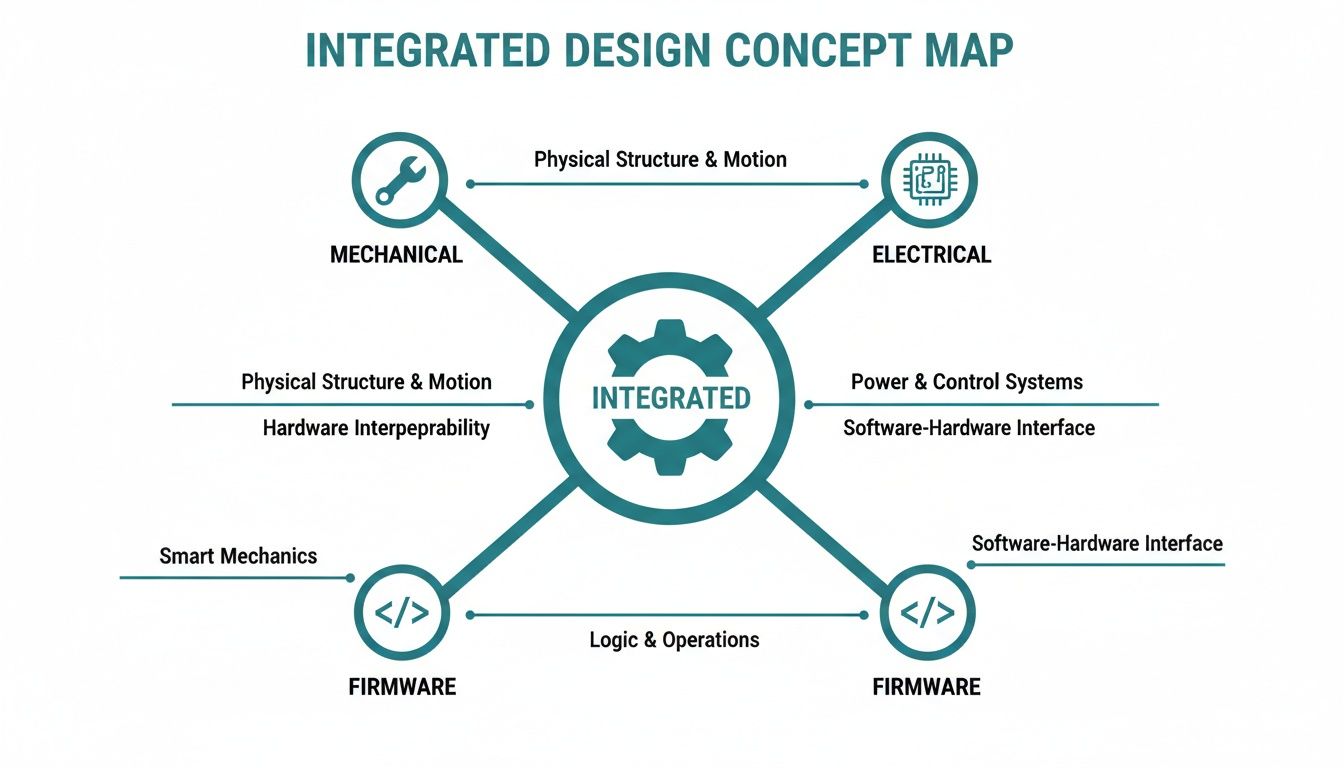 Integrated design concept map illustrating mechanical, electrical, and firmware interconnections and key principles.
