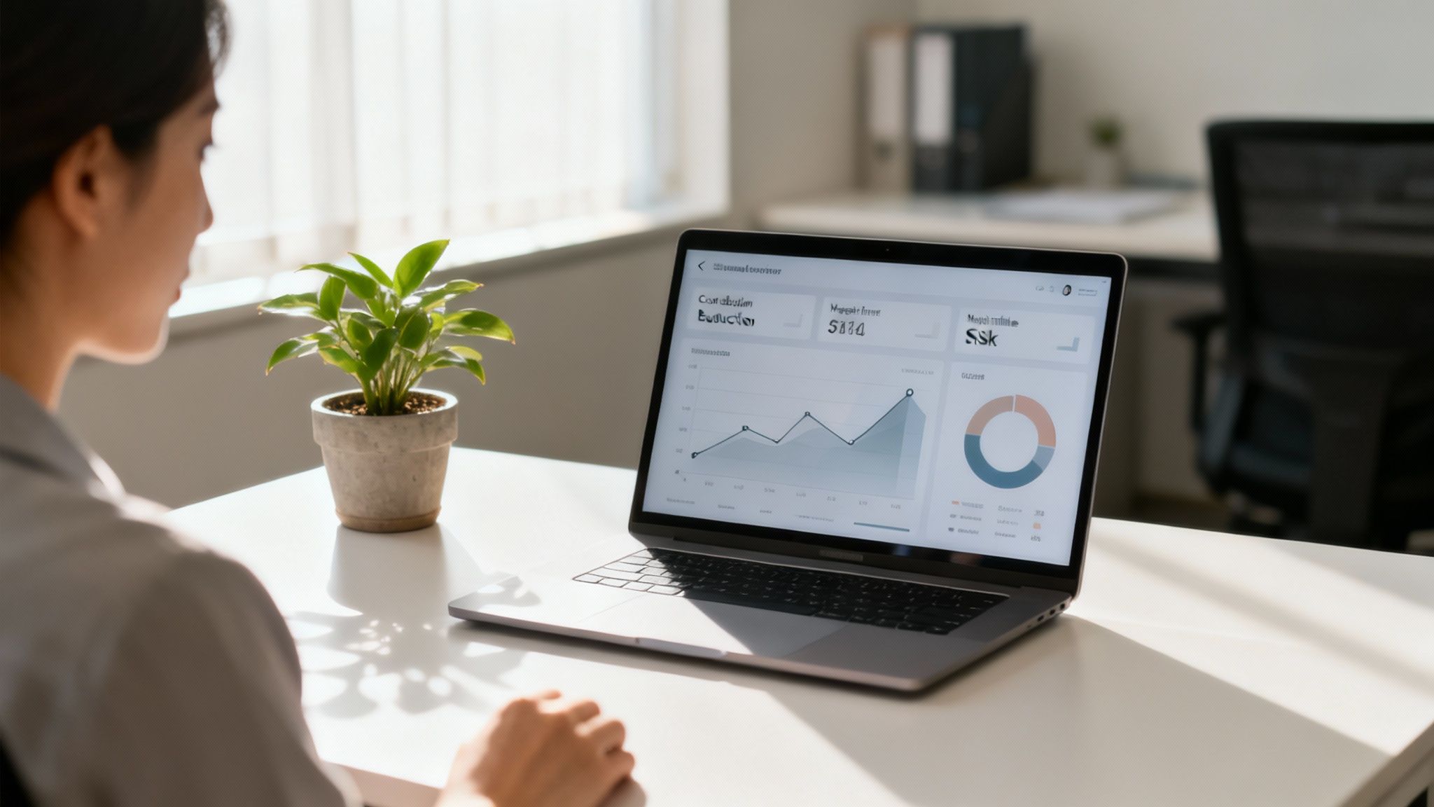 A woman views a laptop screen displaying business charts and graphs on a sunny desk.