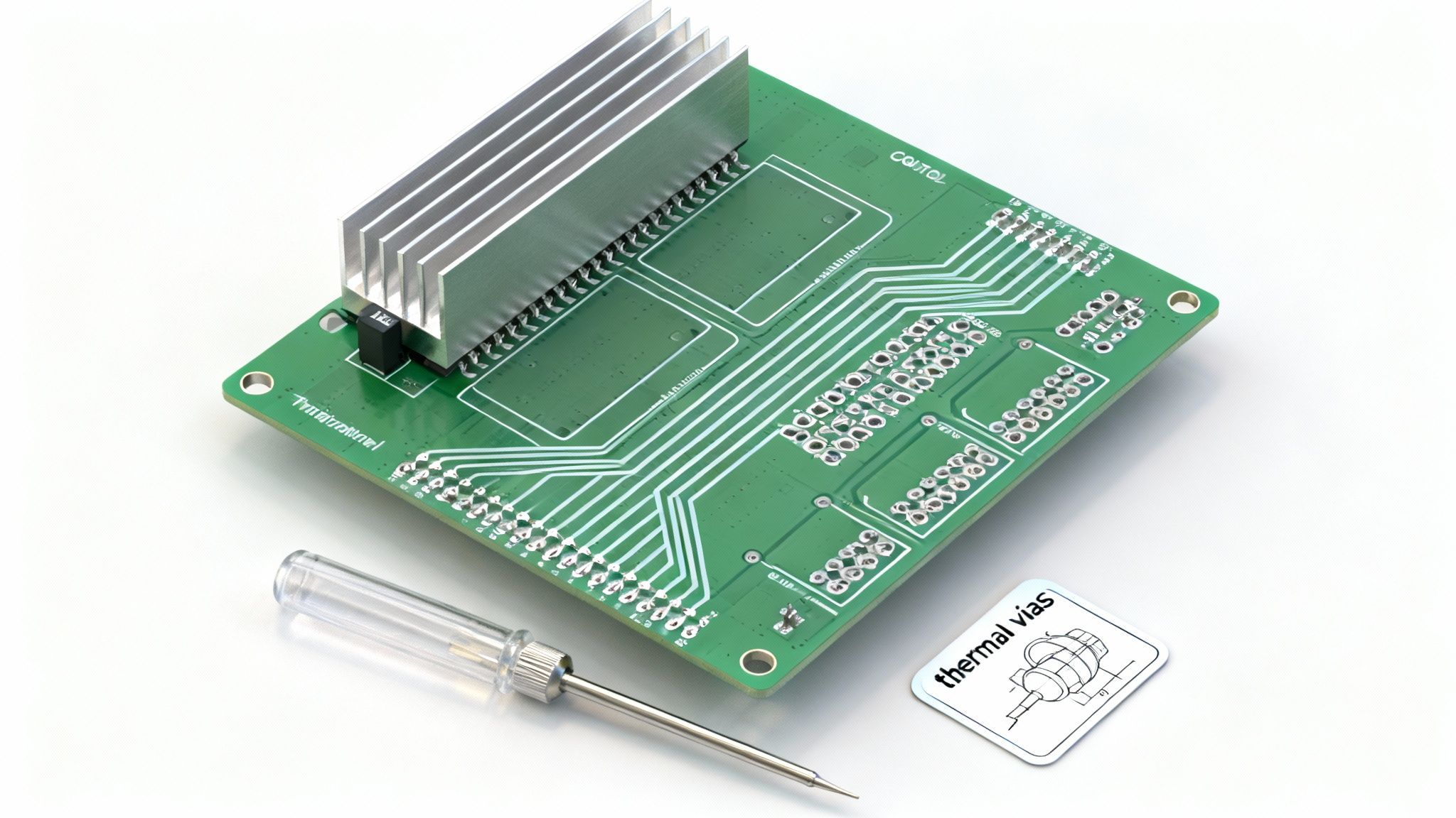 An electronic circuit board with a large heatsink, a precision screwdriver, and a thermal vias sticker.