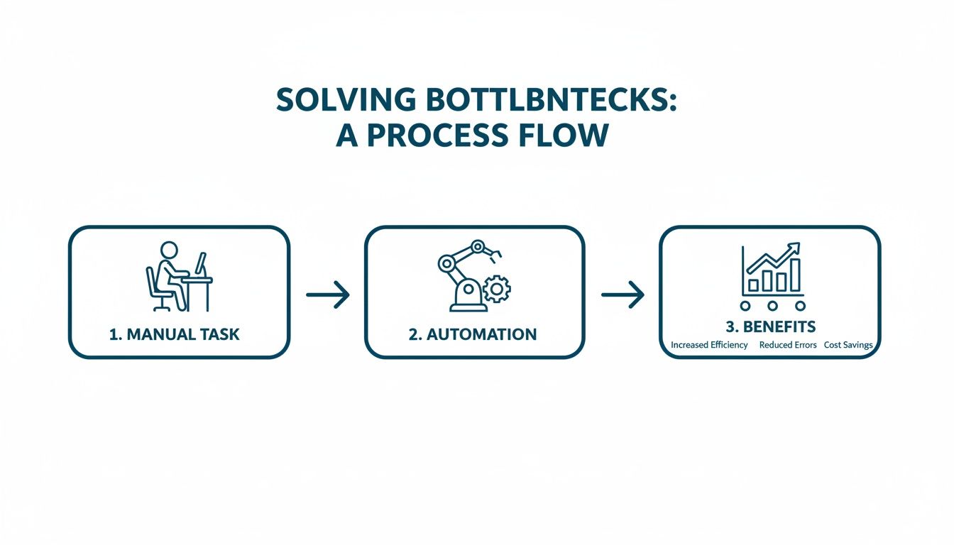 A process flow chart depicting manual tasks evolving into automation, leading to increased efficiency and cost savings.