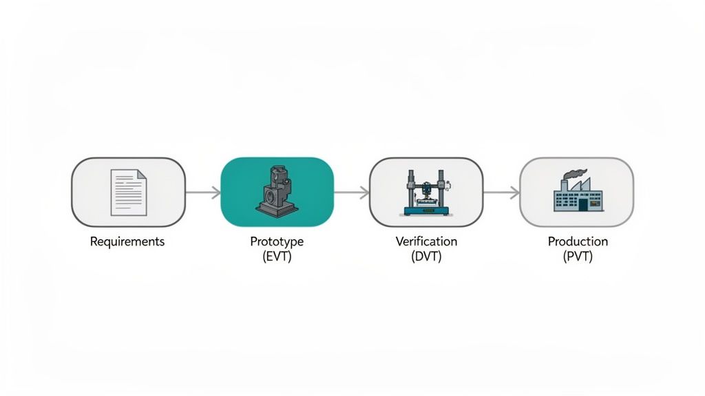 A flowchart illustrates the product development process from requirements to production, including prototype and verification stages.