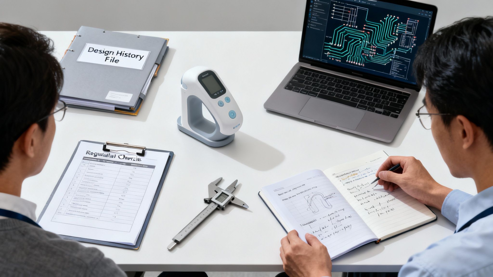 Two engineers collaborate on medical device design, reviewing plans, circuit diagrams, and device prototypes.