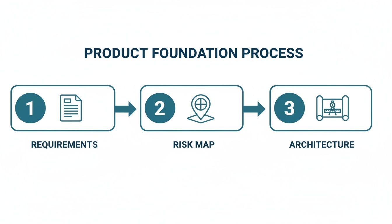 A three-step product foundation process flowchart showing requirements, risk map, and architecture.