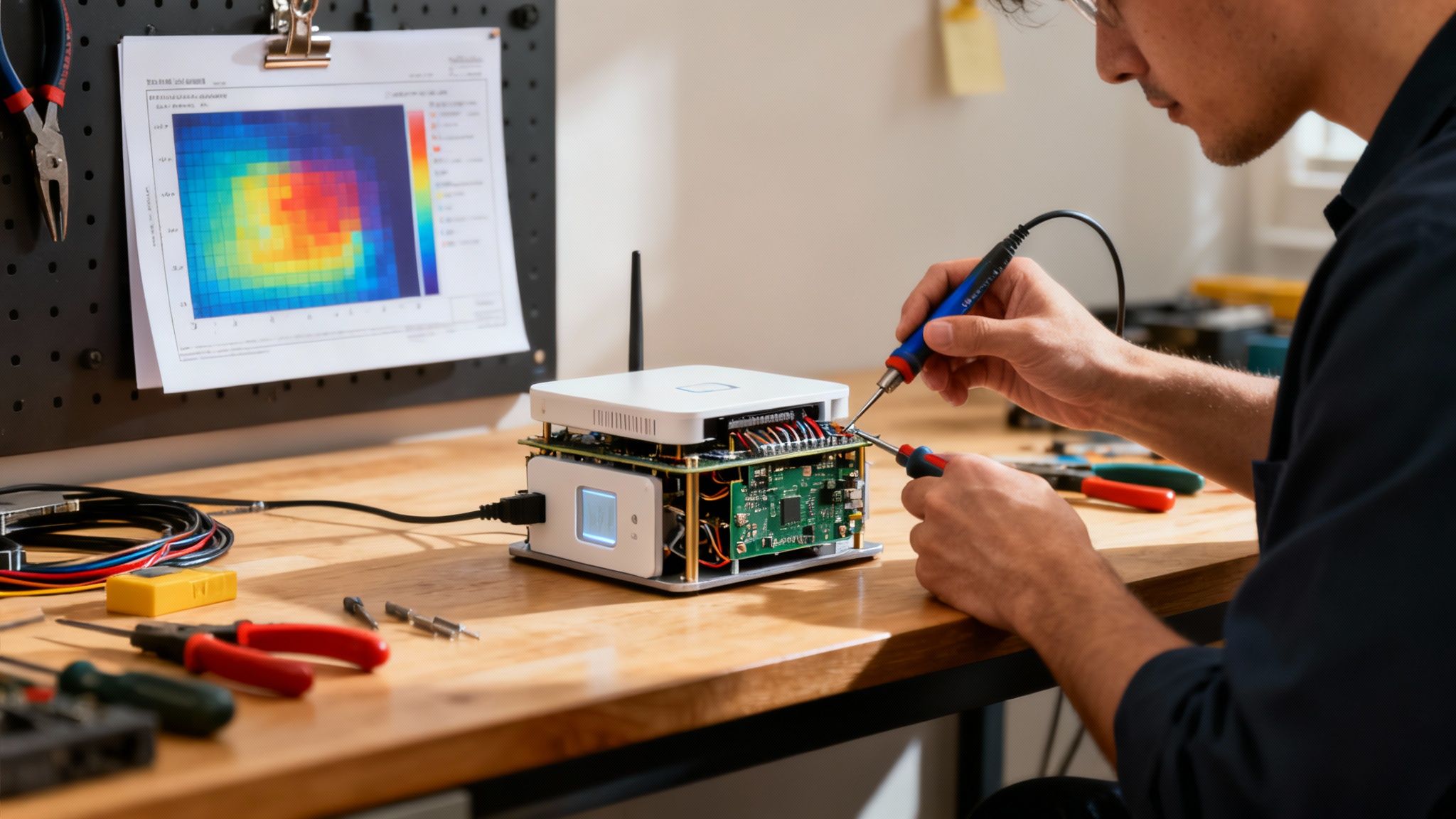 A person in glasses soldering components on an open electronic device on a workbench with a heat map.
