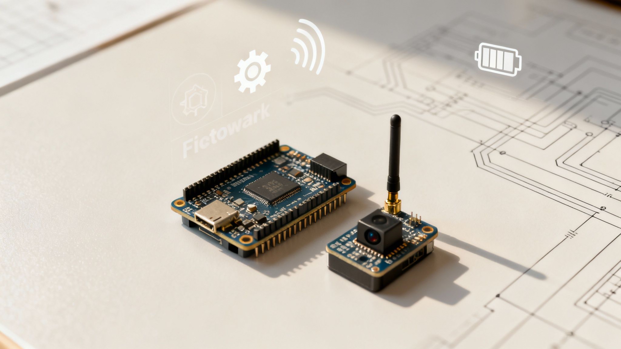 Two electronic development boards, one with a camera and antenna, on a schematic diagram with IoT icons.