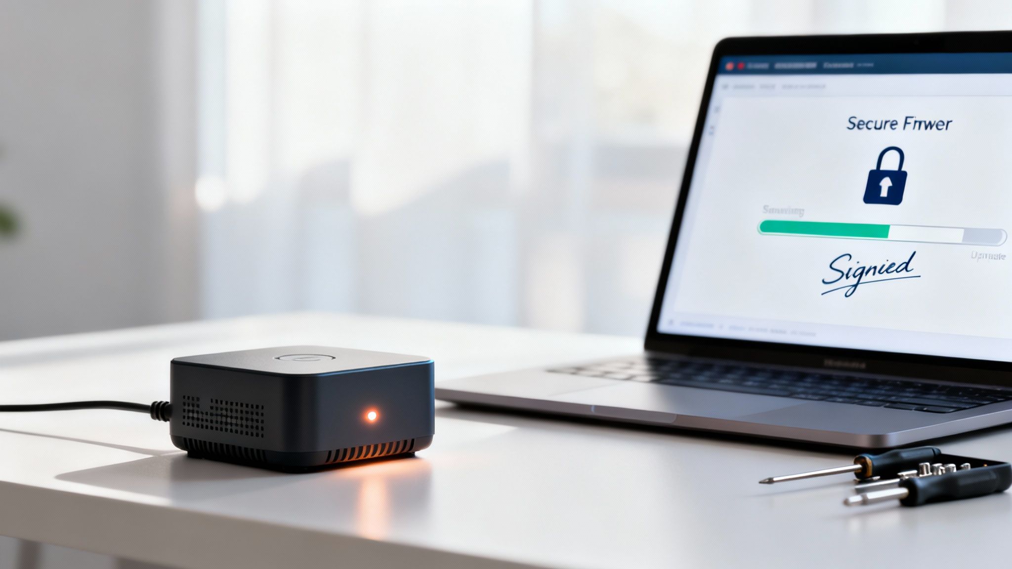 Black device with an orange light connected to a laptop displaying 'Secure Firmware Signed' and a progress bar.