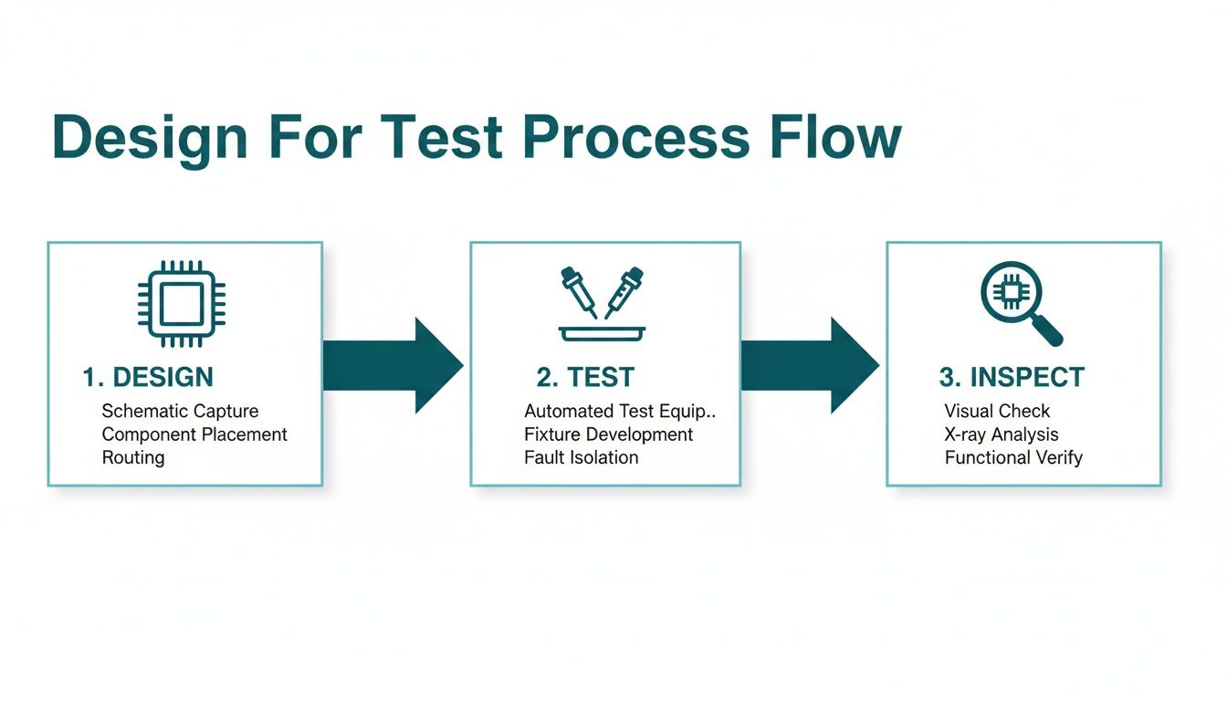 Process flow diagram for Design For Test, detailing design, testing equipment, and inspection stages.