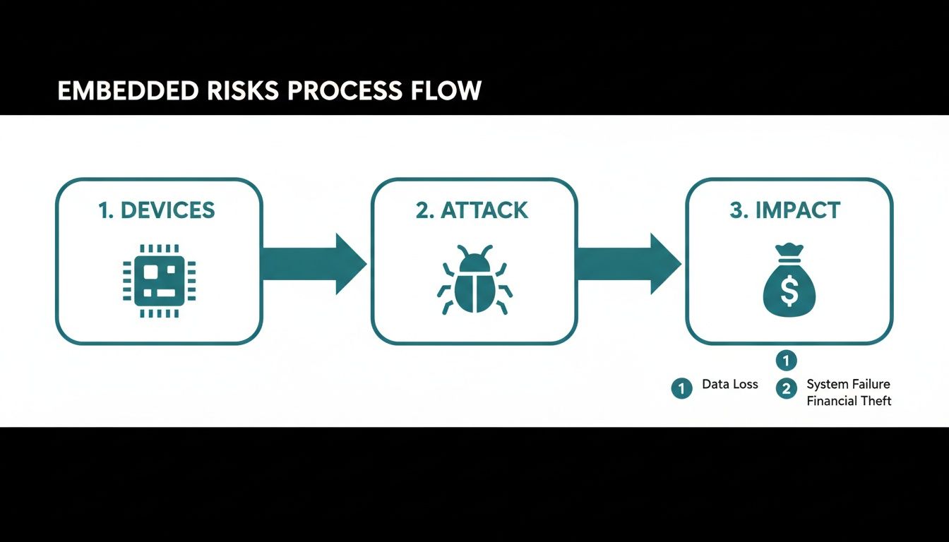 A process flow diagram illustrating embedded system risks, from devices to attack, and their impact including data loss and financial theft.
