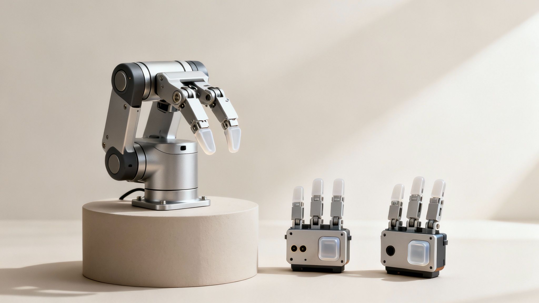 A silver robotic arm with a gripper stands on a pedestal, with two robotic hands nearby.