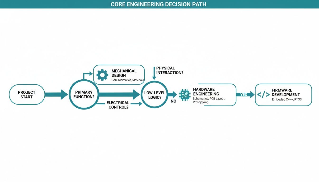 Flowchart illustrating a core engineering decision path for project development, covering mechanical, hardware, and firmware.