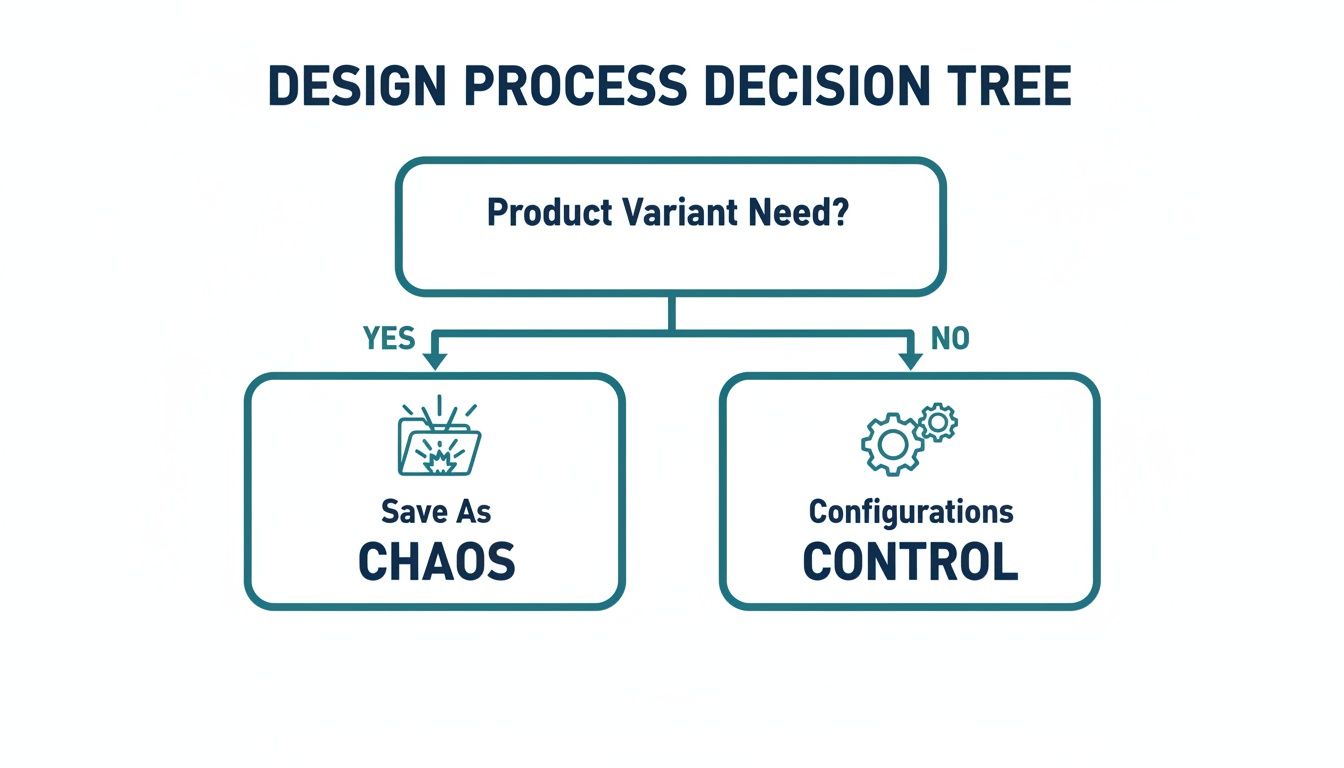 A design process decision tree diagram showing choices for product variants leading to chaos or control.