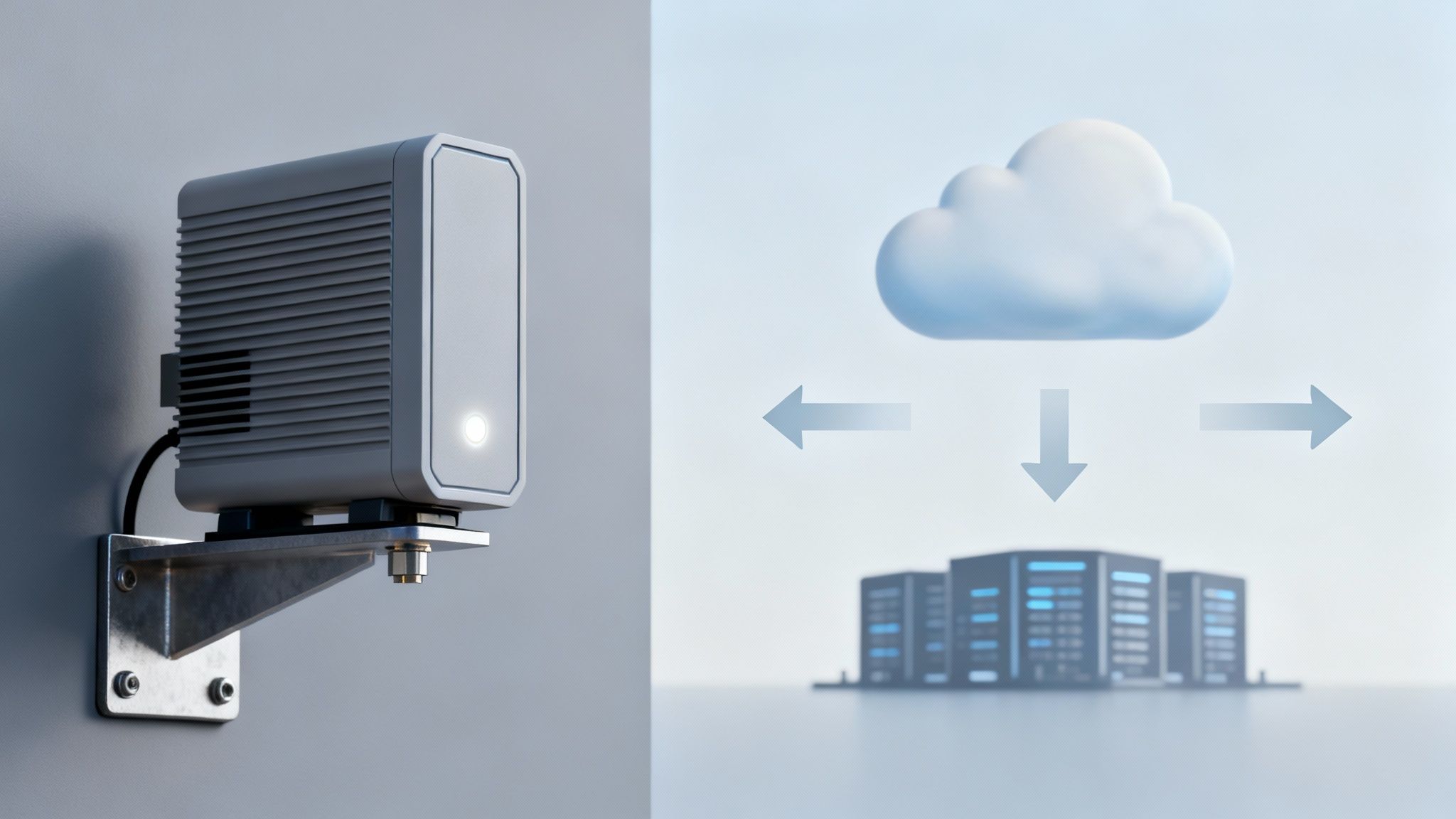 A wall-mounted IoT device with a light, connecting to cloud computing and server infrastructure.