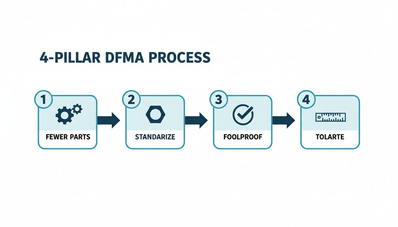 A 4-pillar DFMA process diagram illustrating steps: Fewer Parts, Standardize, Foolproof, and Tolarte.