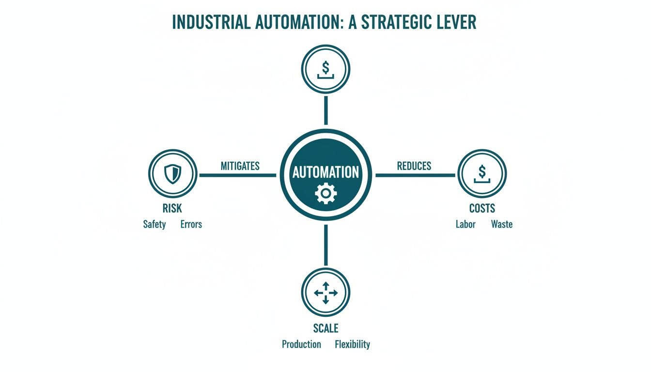 Infographic showing industrial automation as a strategic lever, mitigating risk, reducing costs, and enhancing scale.