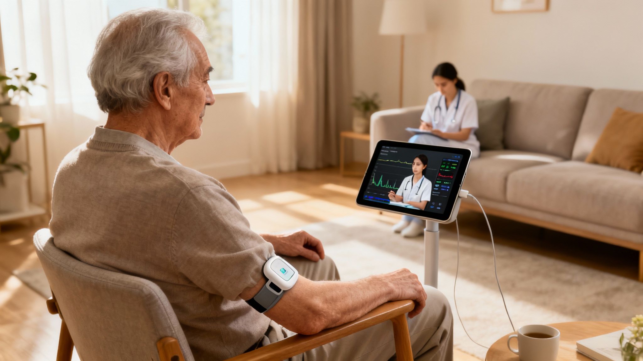 Elderly man uses a wearable device and tablet for a remote healthcare consultation with a doctor.