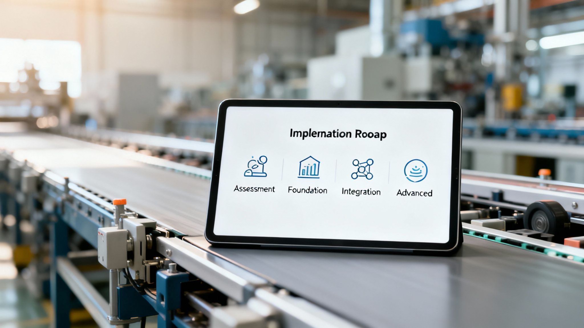 A tablet on a conveyor belt in a factory displays a digital roadmap with 'Assessment', 'Foundation', 'Integration', 'Advanced' stages.