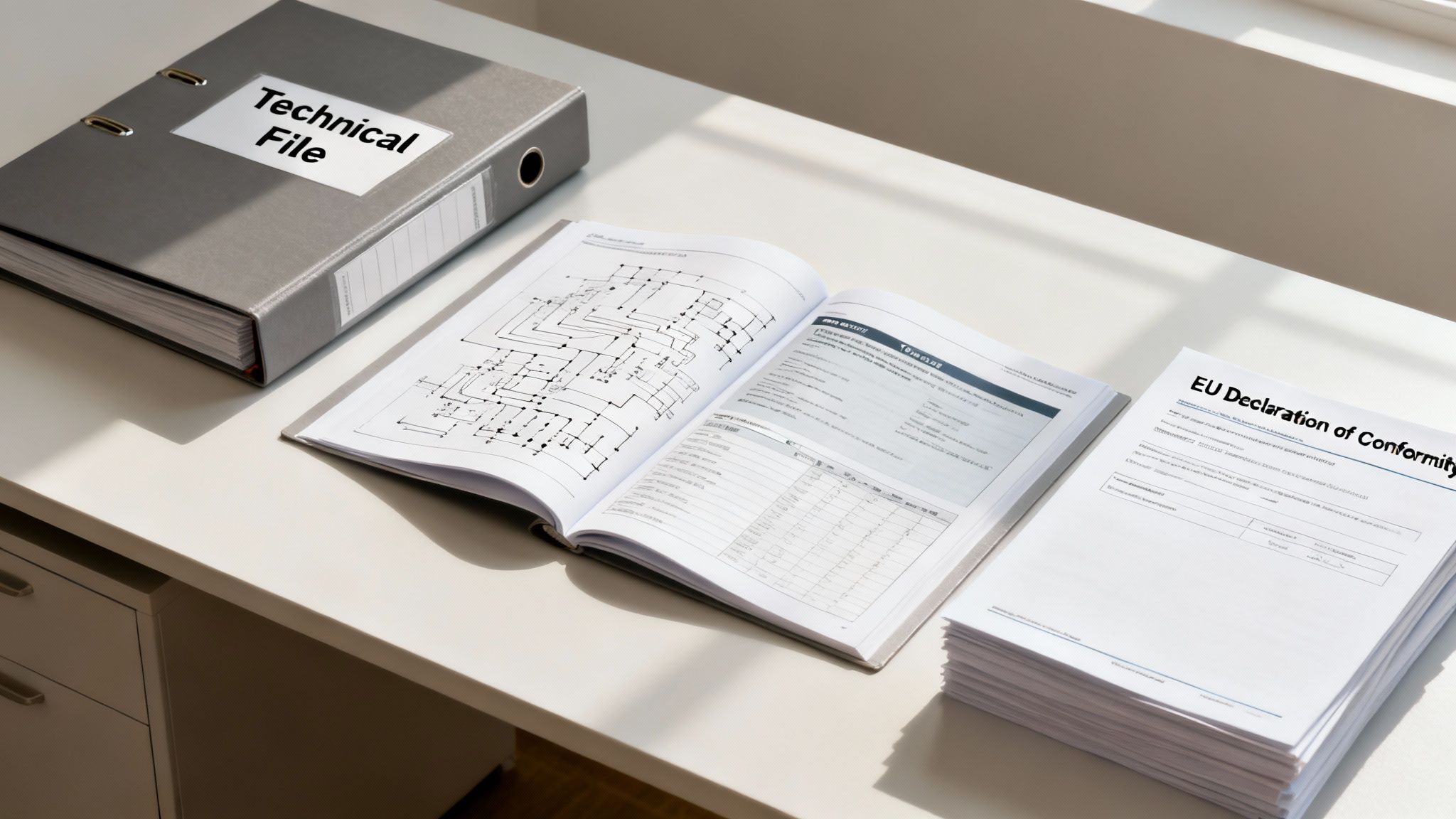 A binder labeled 'Technical File' next to an open document with diagrams and a stack of EU Declaration of Conformity forms on a white desk.