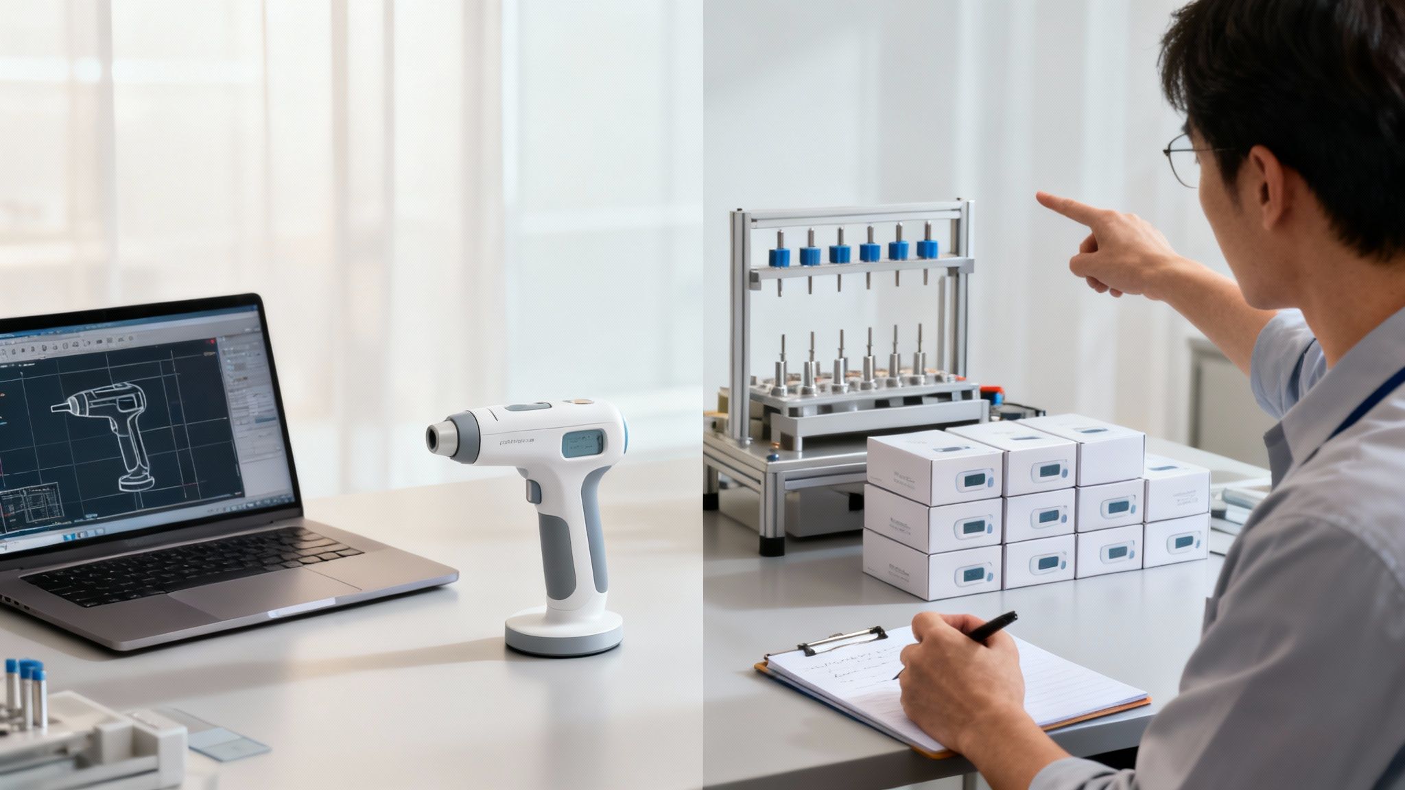 Engineer designs medical device with CAD on laptop, prototype, and product boxes on a desk.