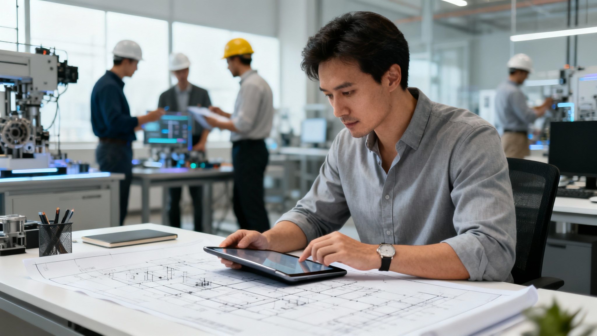 An Asian engineer uses a tablet to review blueprints at his desk, with colleagues working in a modern office.