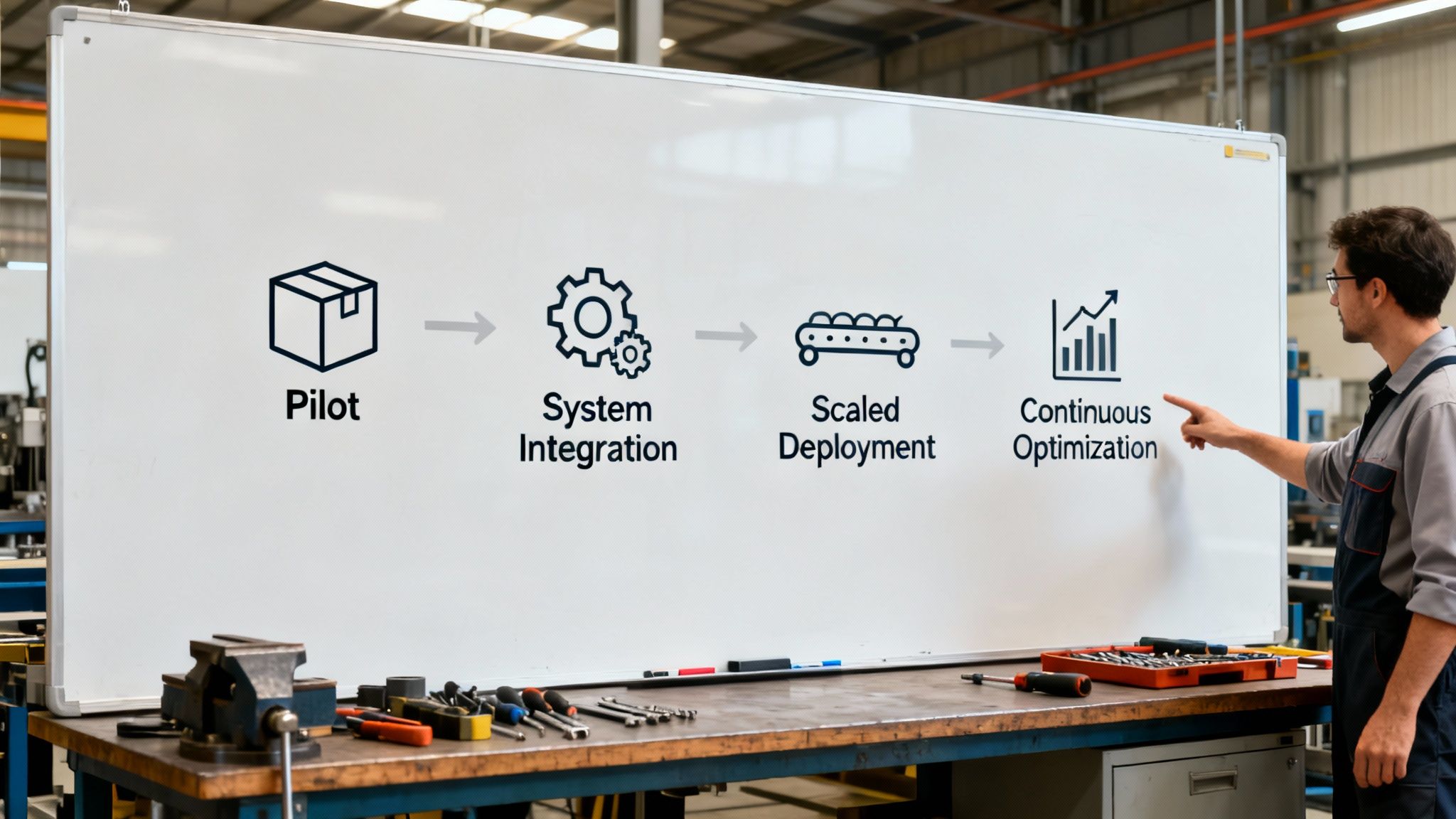 Man points to whiteboard detailing industrial automation process: Pilot, System Integration, Scaled Deployment, Optimization.