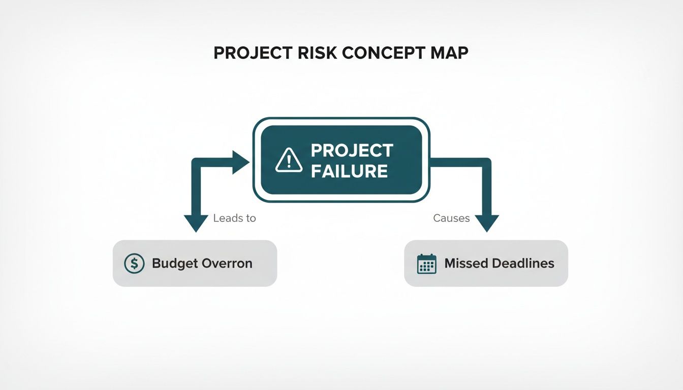 A project risk concept map showing project failure leading to budget overrun and causing missed deadlines.