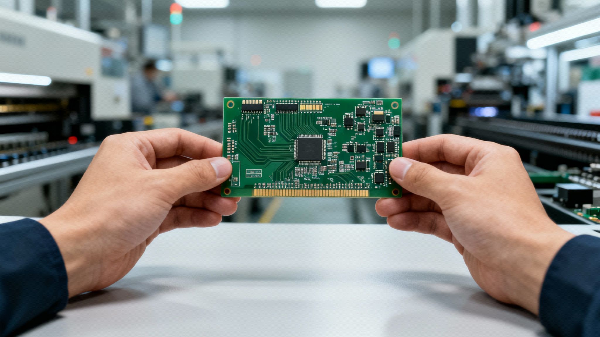 Close-up of hands holding a green circuit board (PCB) in a manufacturing facility.
