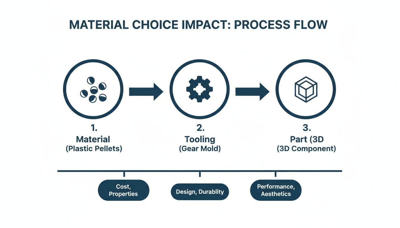 Diagram illustrates material choice impact on product development, from pellets to final part characteristics.