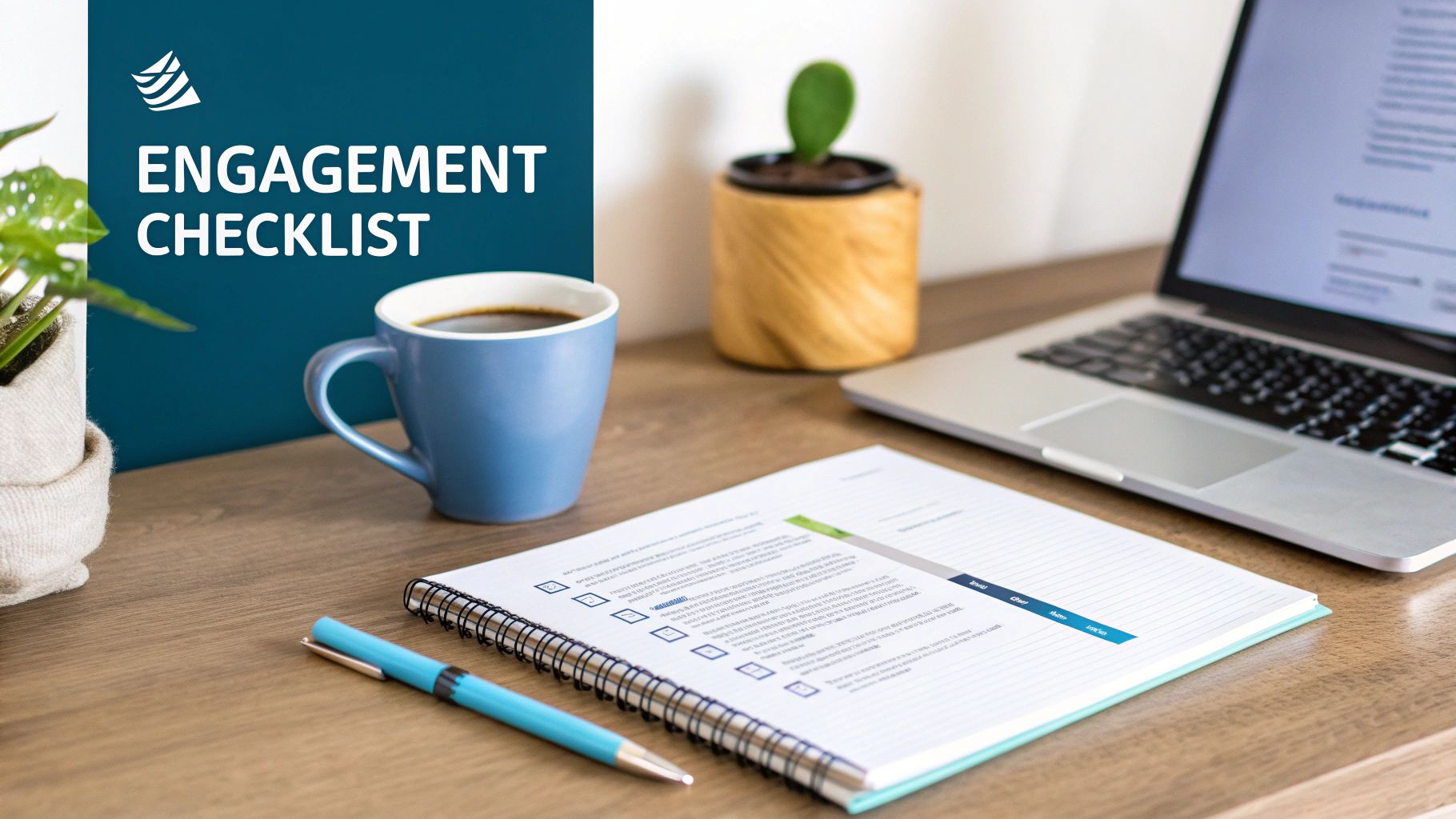 An office desk with an 'Engagement Checklist' document, laptop, coffee mug, and a small plant.