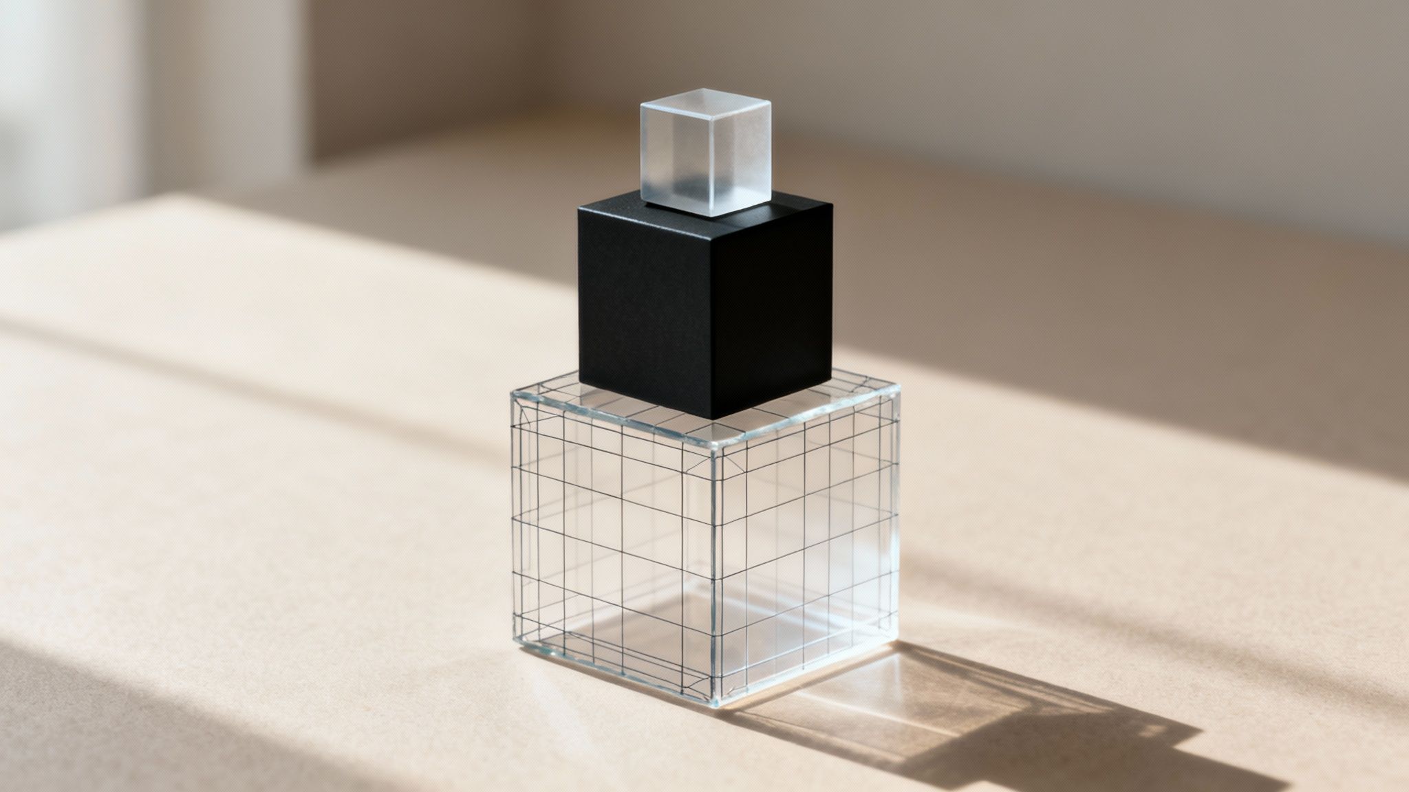 Three geometric cubes stacked: clear grid base, black middle, and frosted top, on a sunlit surface.