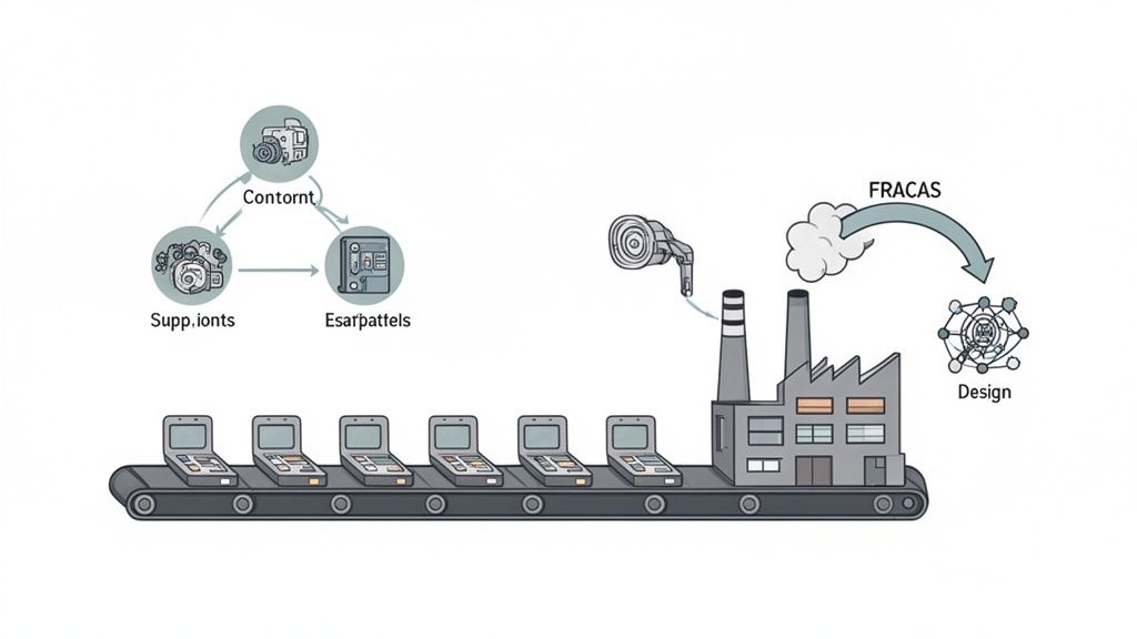 Diagram illustrating product manufacturing with a FRACAS system feeding back into design, alongside supply chain elements.