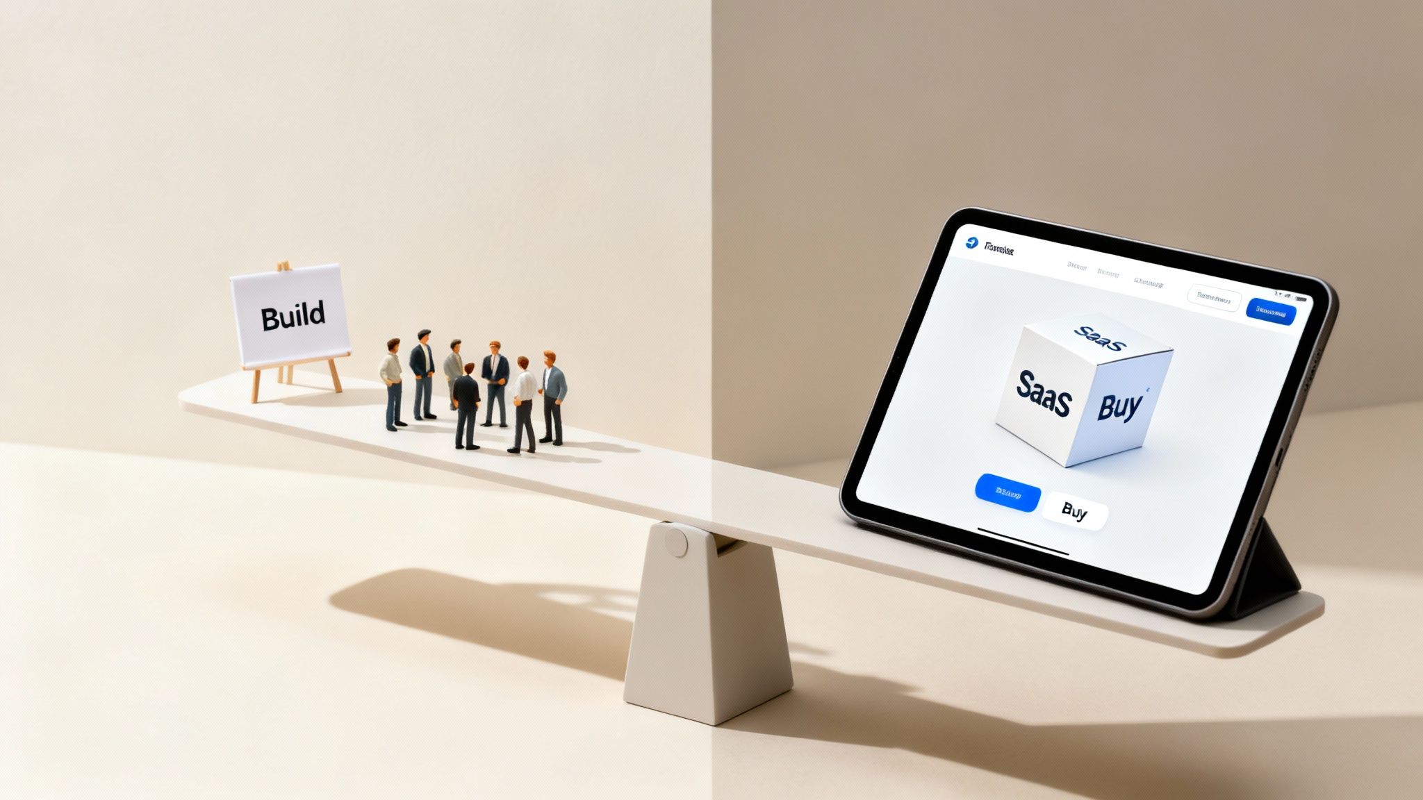 A seesaw balancing the decision between building software with tiny figures and buying SaaS on a tablet.