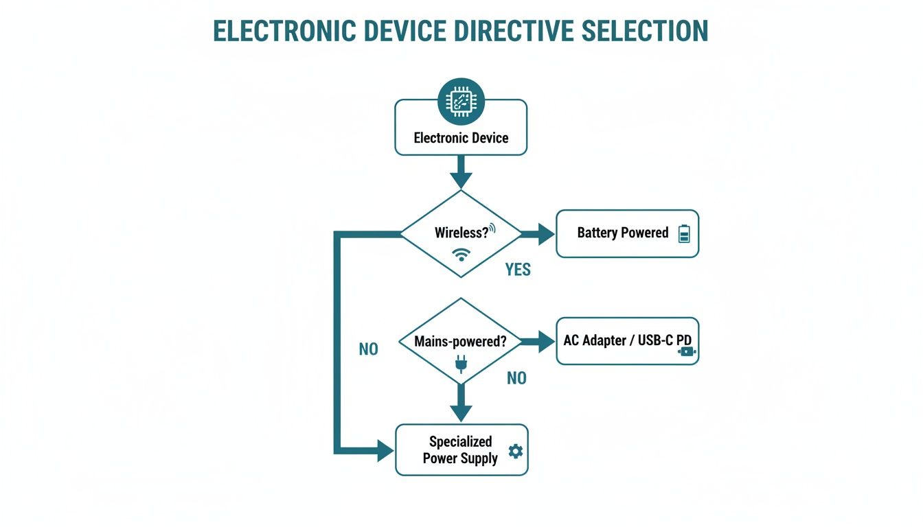 Flowchart illustrating electronic device power supply selection based on wireless and mains power options.