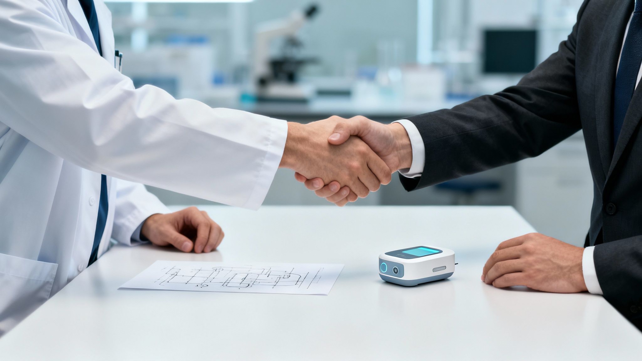 A doctor in a lab coat shaking hands with a businessman over a table with a medical device.