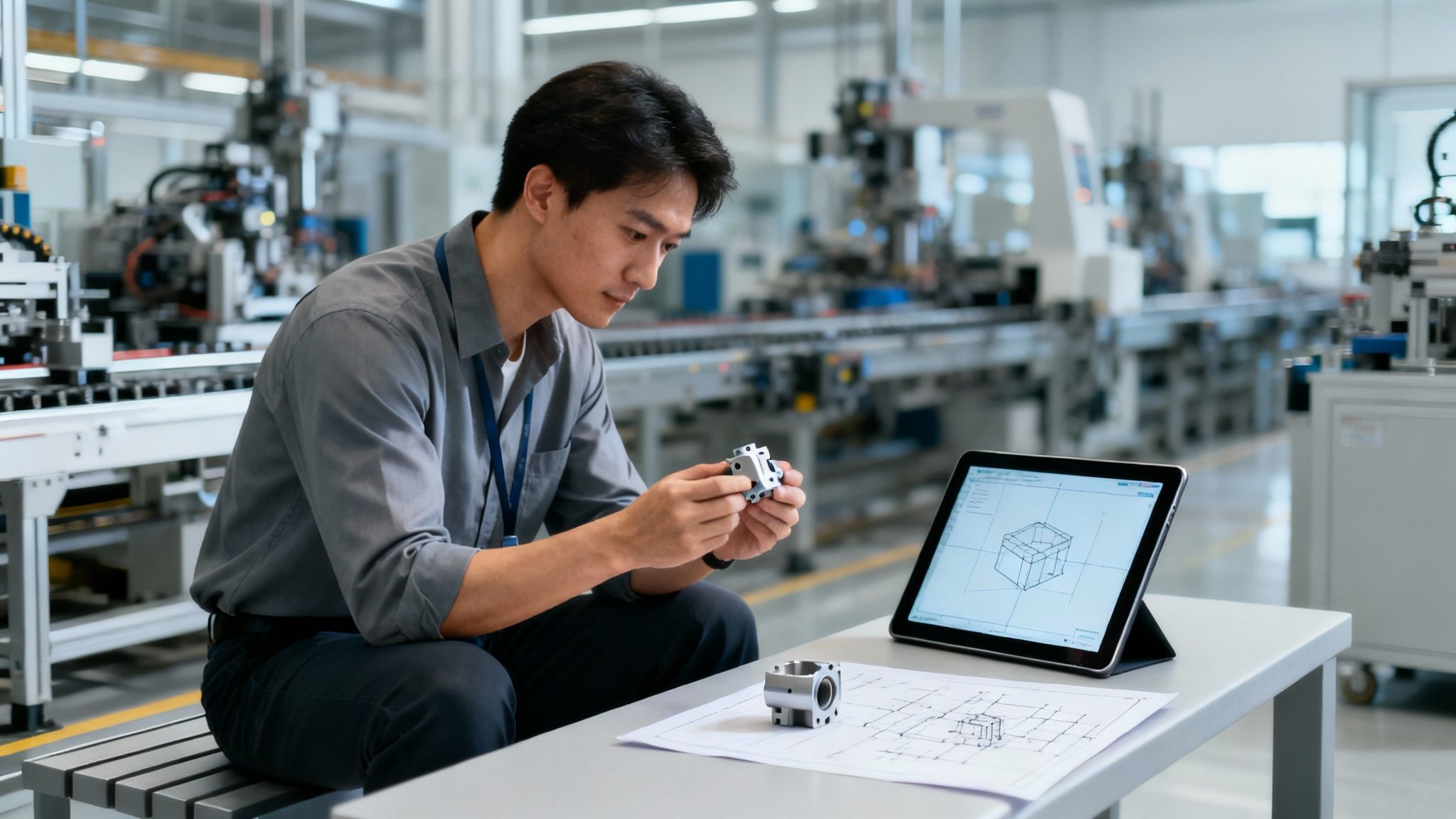 An engineer inspects a metal component in a factory, comparing it to digital designs on a tablet and blueprints.