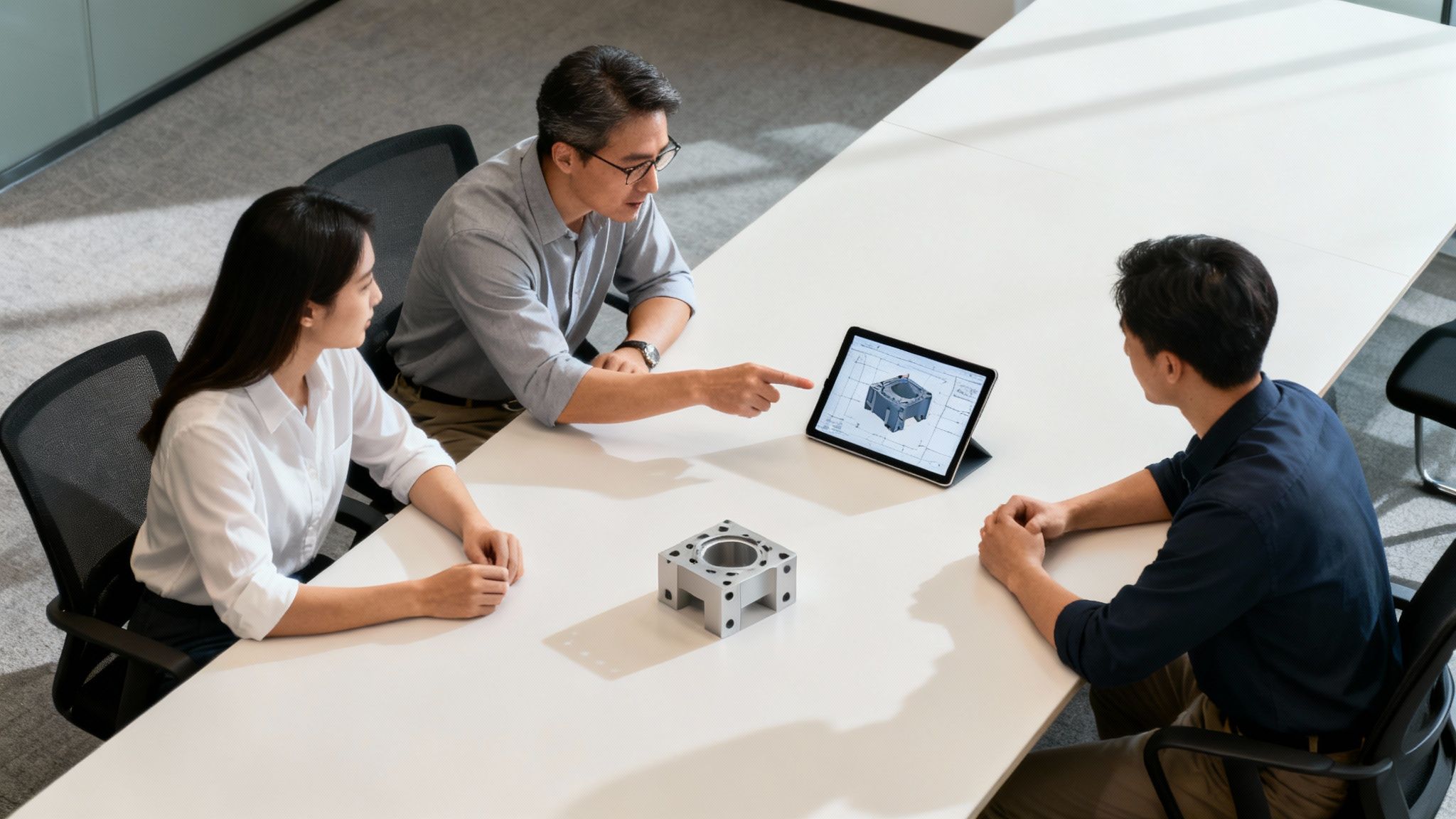 Three engineers review a 3D design model on a tablet, comparing it with a physical prototype.