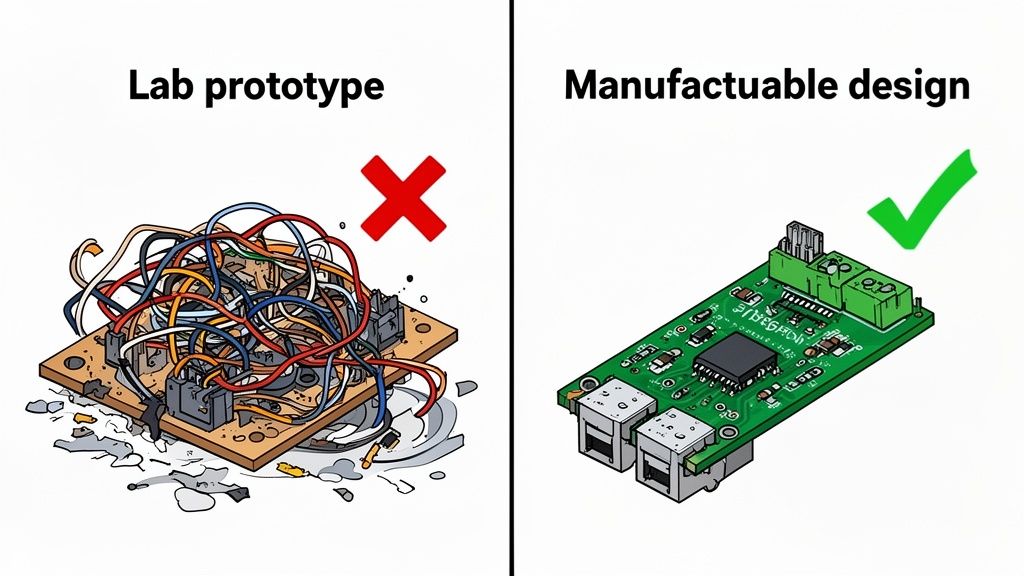 Comparison of a messy lab prototype with a clean, manufacturable electronic circuit board design.