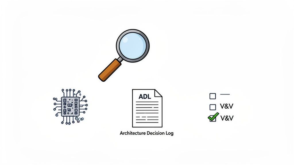 Illustrates a magnifying glass, computer chip, Architecture Decision Log, and V&V checklist, symbolizing architectural review and verification.