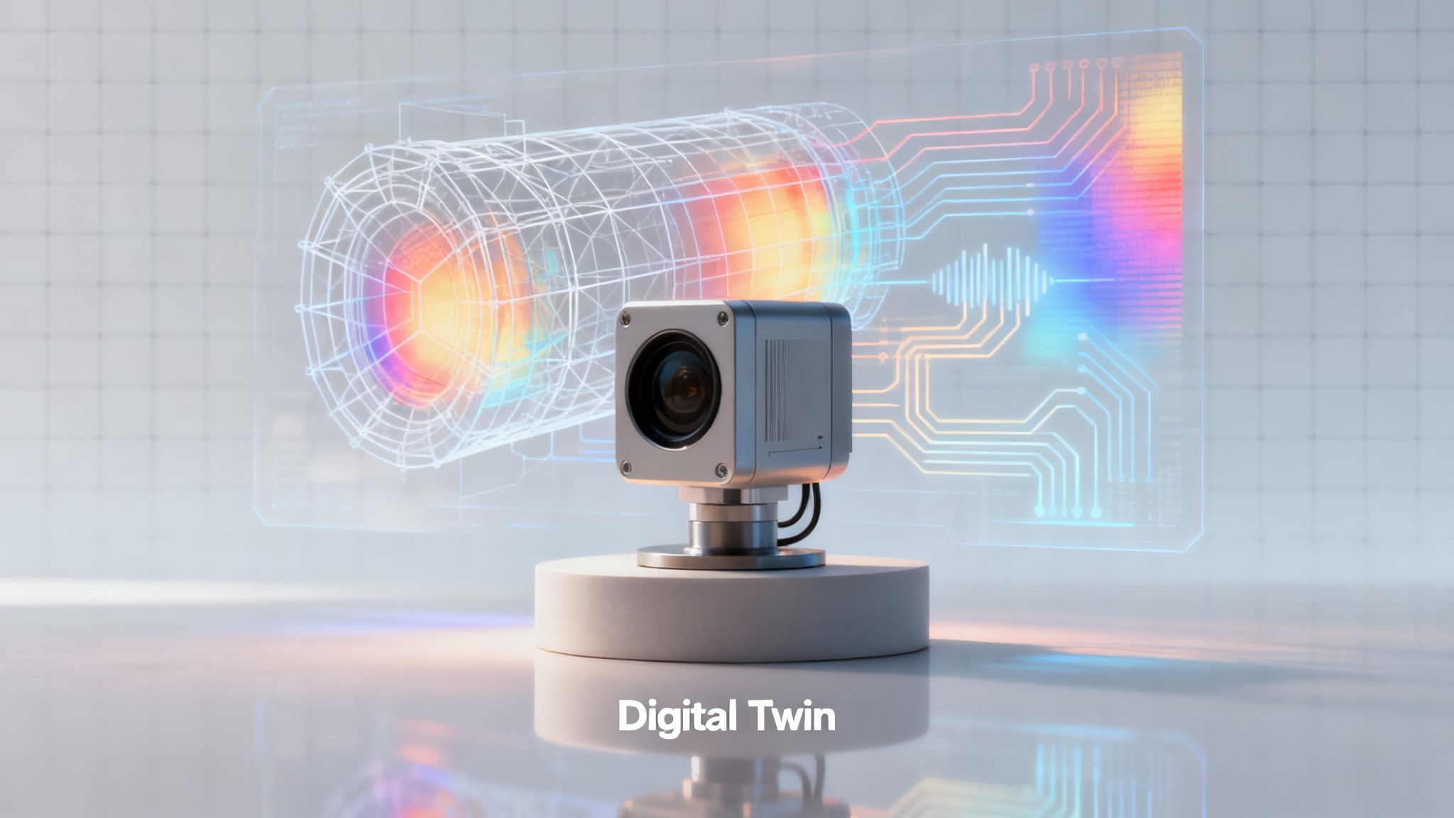 A camera with a holographic display showing a wireframe model and circuit board, illustrating a digital twin.