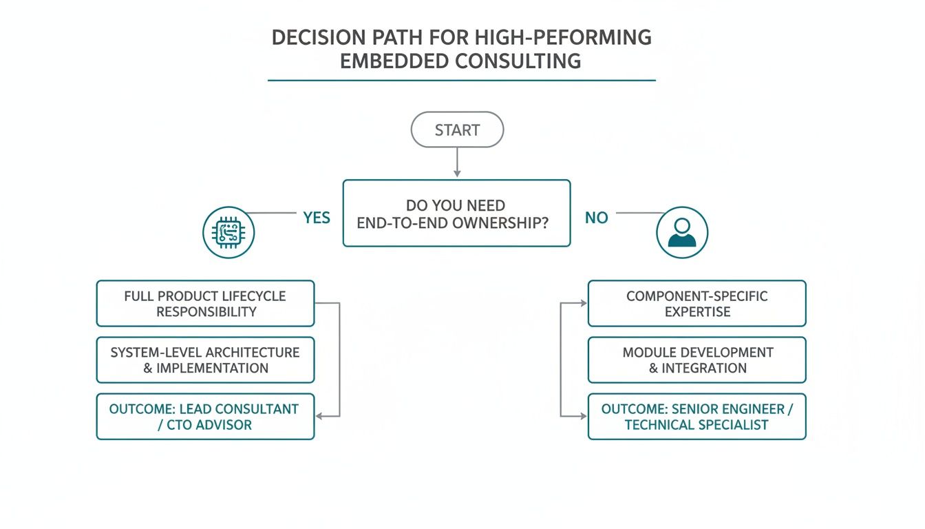 Flowchart illustrating decision paths for embedded consulting roles based on ownership and expertise.