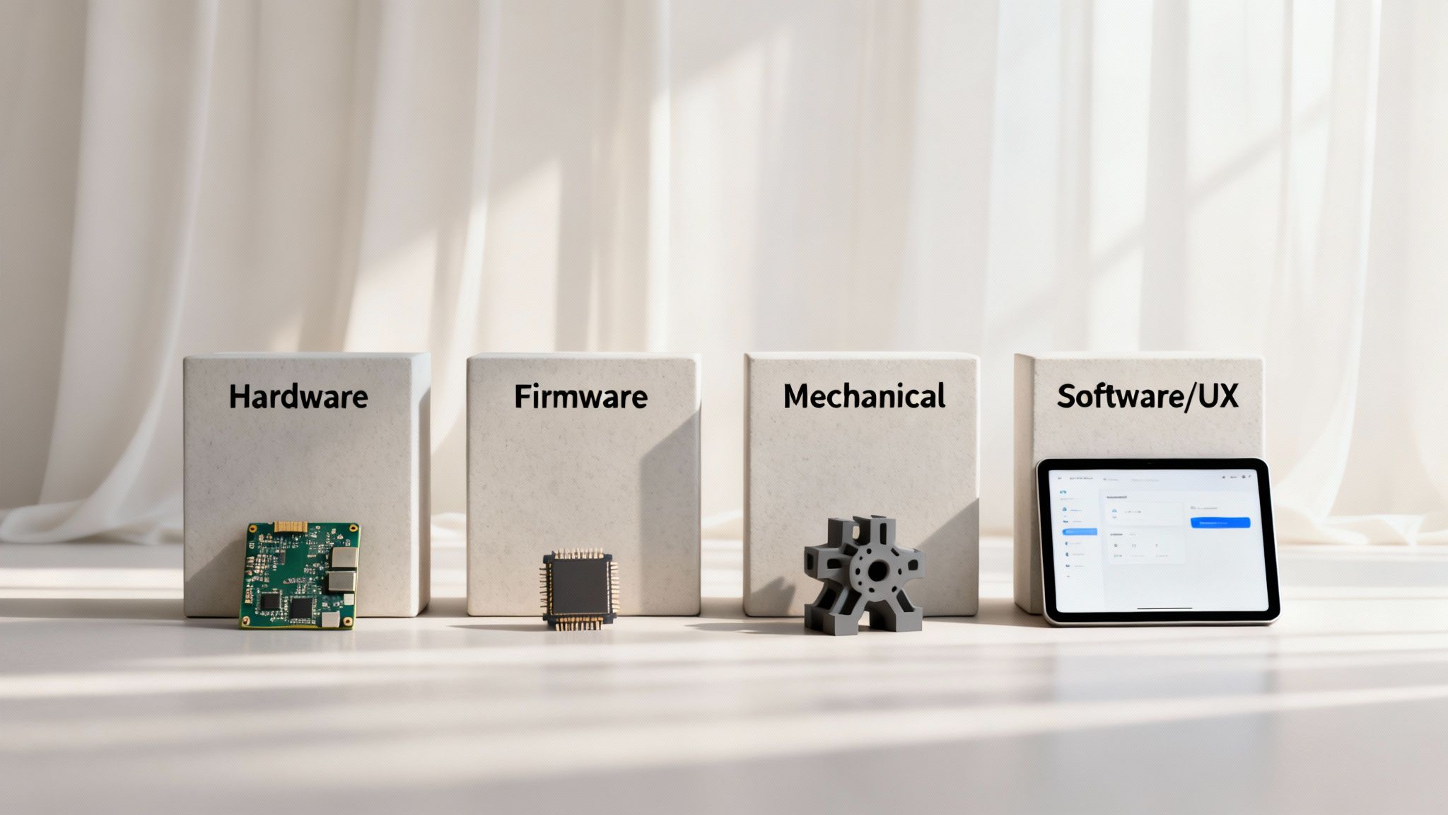 A visual breakdown of product development into hardware, firmware, mechanical, and software/UX components.