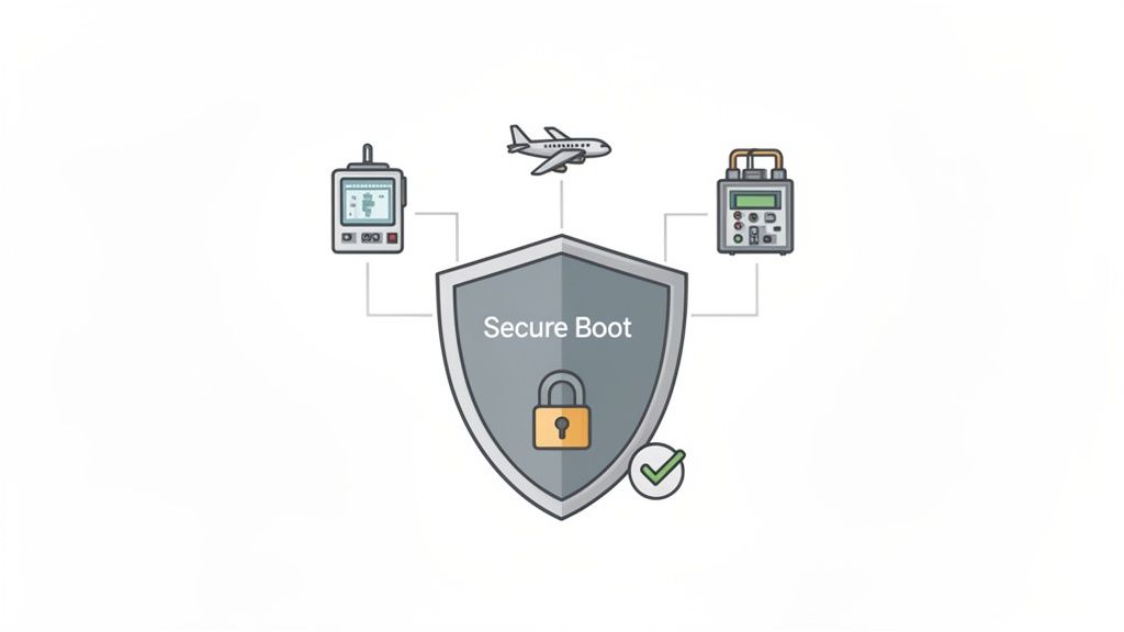 A shield labeled 'Secure Boot' with a padlock protecting an airplane and two electronic devices.