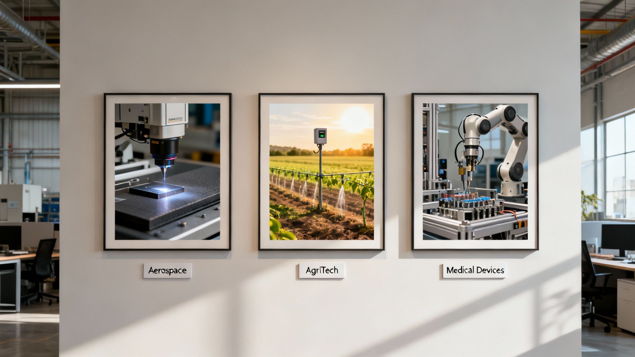 Three framed images on a white wall showcasing industrial automation solutions for aerospace, agri-tech, and medical devices.