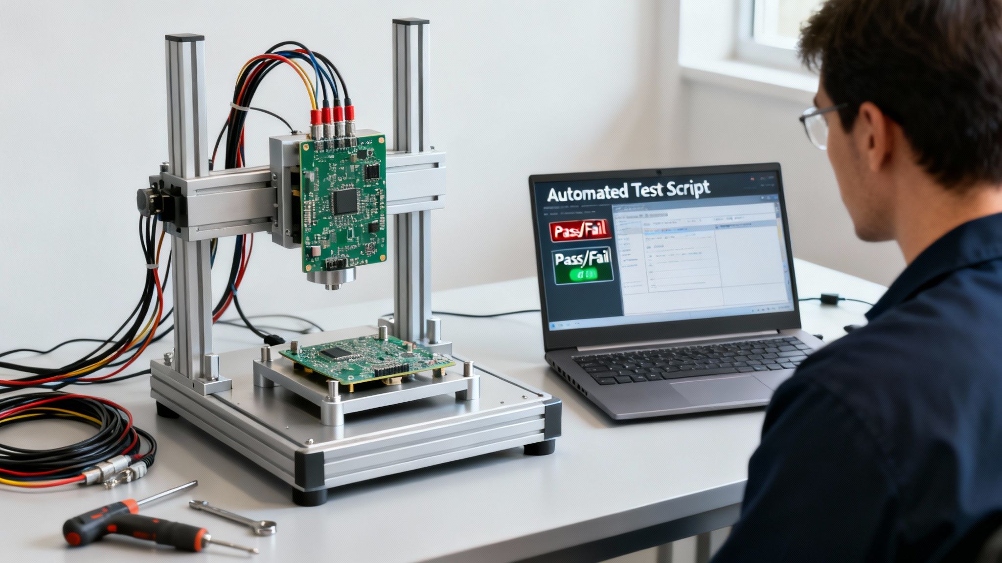 An engineer uses an automated system to test circuit boards, observing results on a laptop.