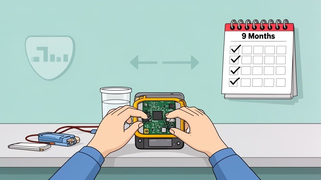 Hands assembling an an embedded system circuit board on a desk, with a calendar marking 9 months of progress.